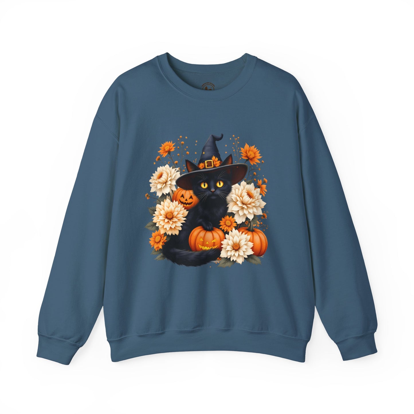 Halloween Black Cat Crewneck – Witch Hat, Pumpkins & Fall Flowers Sweatshirt
