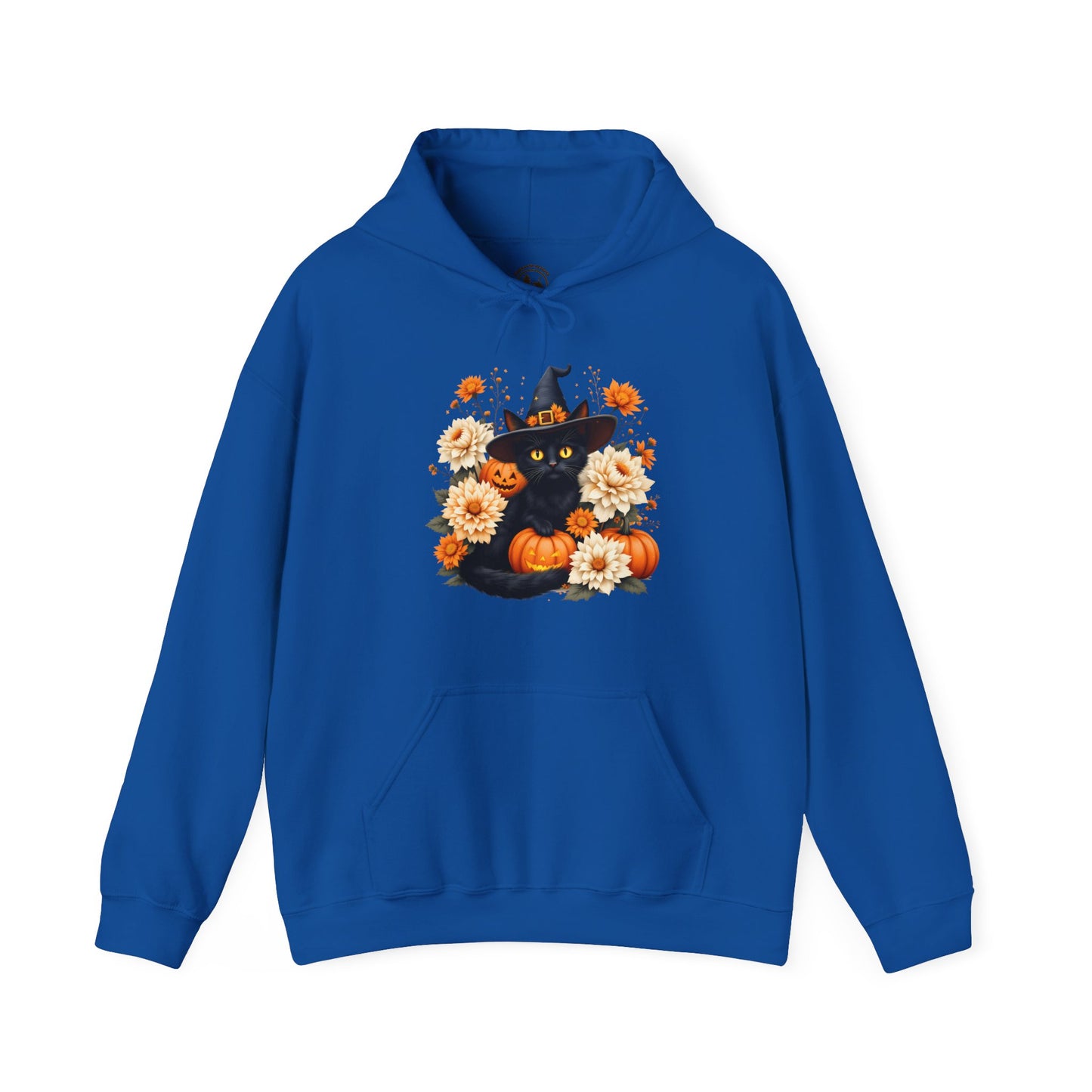 Halloween Black Cat Hoodie – Witch Hat, Pumpkins & Autumn Flowers Hooded Sweatshirt