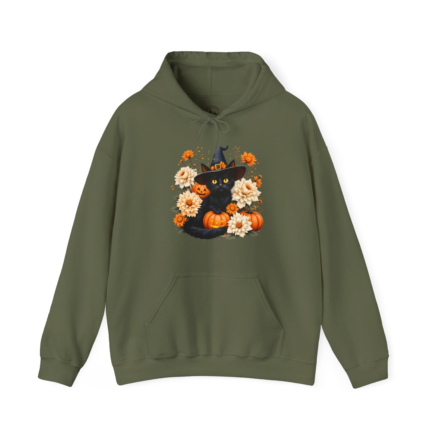 Halloween Black Cat Hoodie – Witch Hat, Pumpkins & Autumn Flowers Hooded Sweatshirt