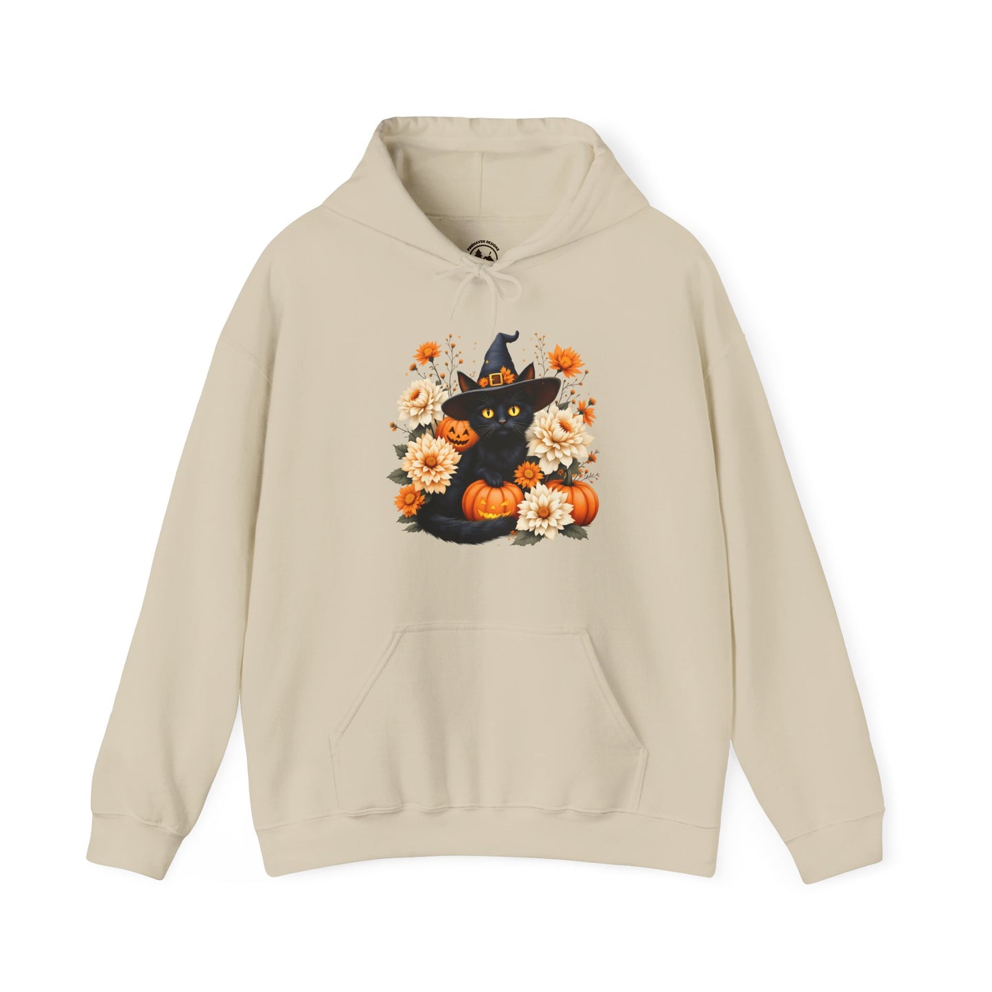 Halloween Black Cat Hoodie – Witch Hat, Pumpkins & Autumn Flowers Hooded Sweatshirt