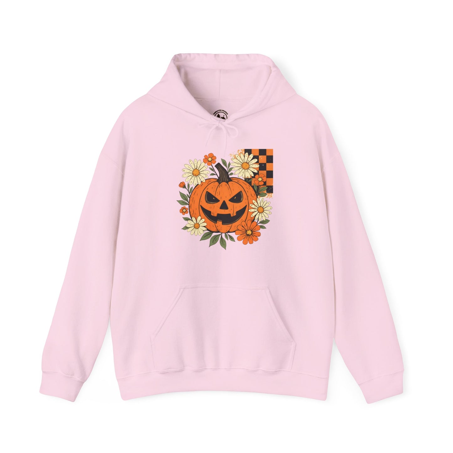 Halloween Pumpkin Hoodie – Jack-O’-Lantern with Flowers & Checkerboard Hooded Sweater