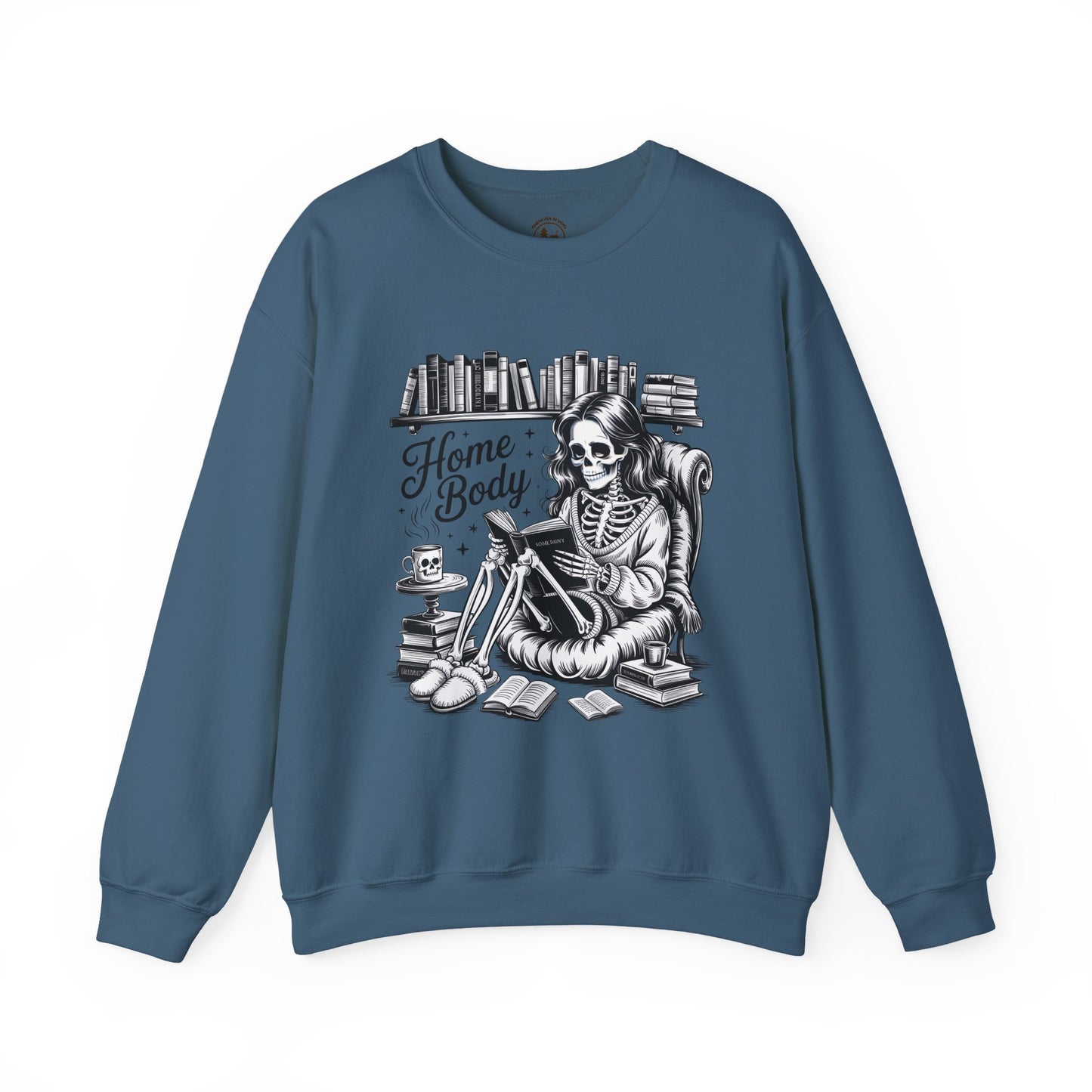Home Body Crewneck Sweatshirt | Cozy Skeleton Reading Book Lover Unisex