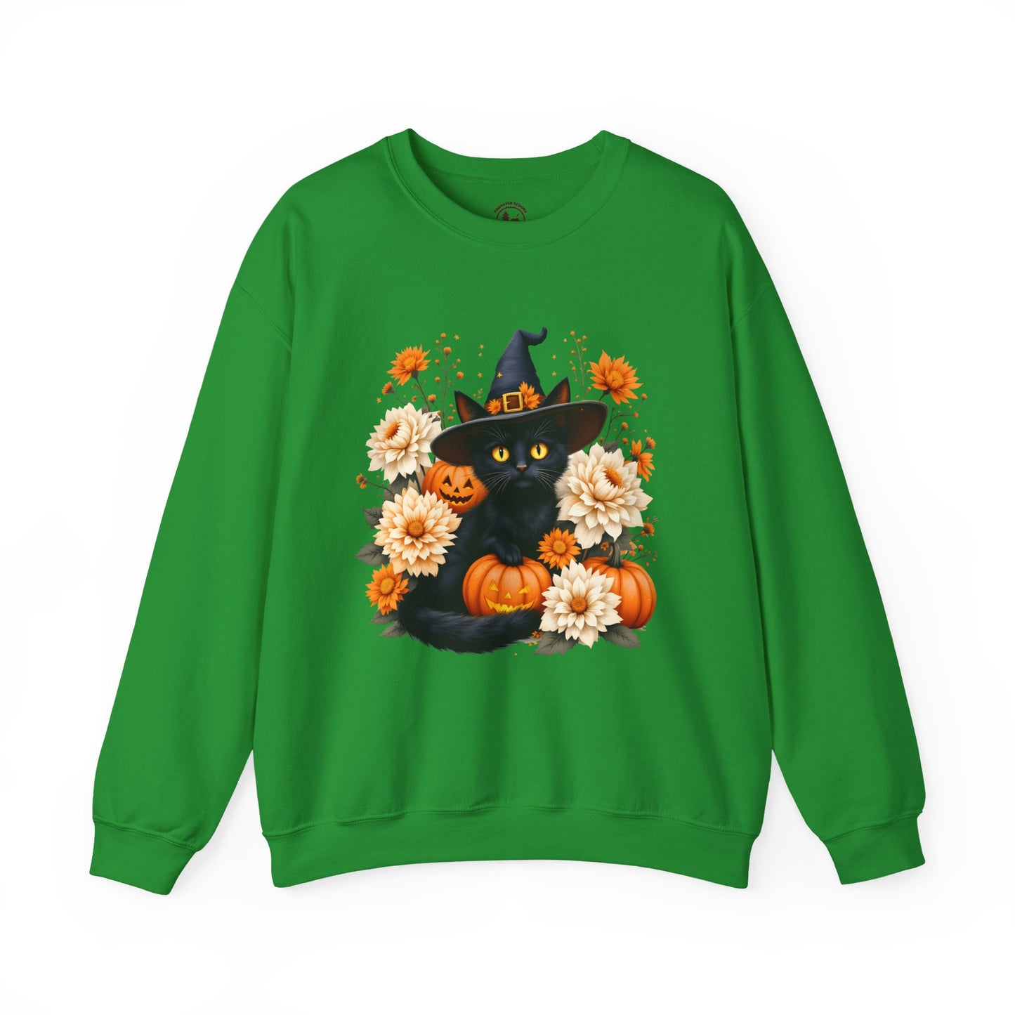 Halloween Black Cat Crewneck – Witch Hat, Pumpkins & Fall Flowers Sweatshirt