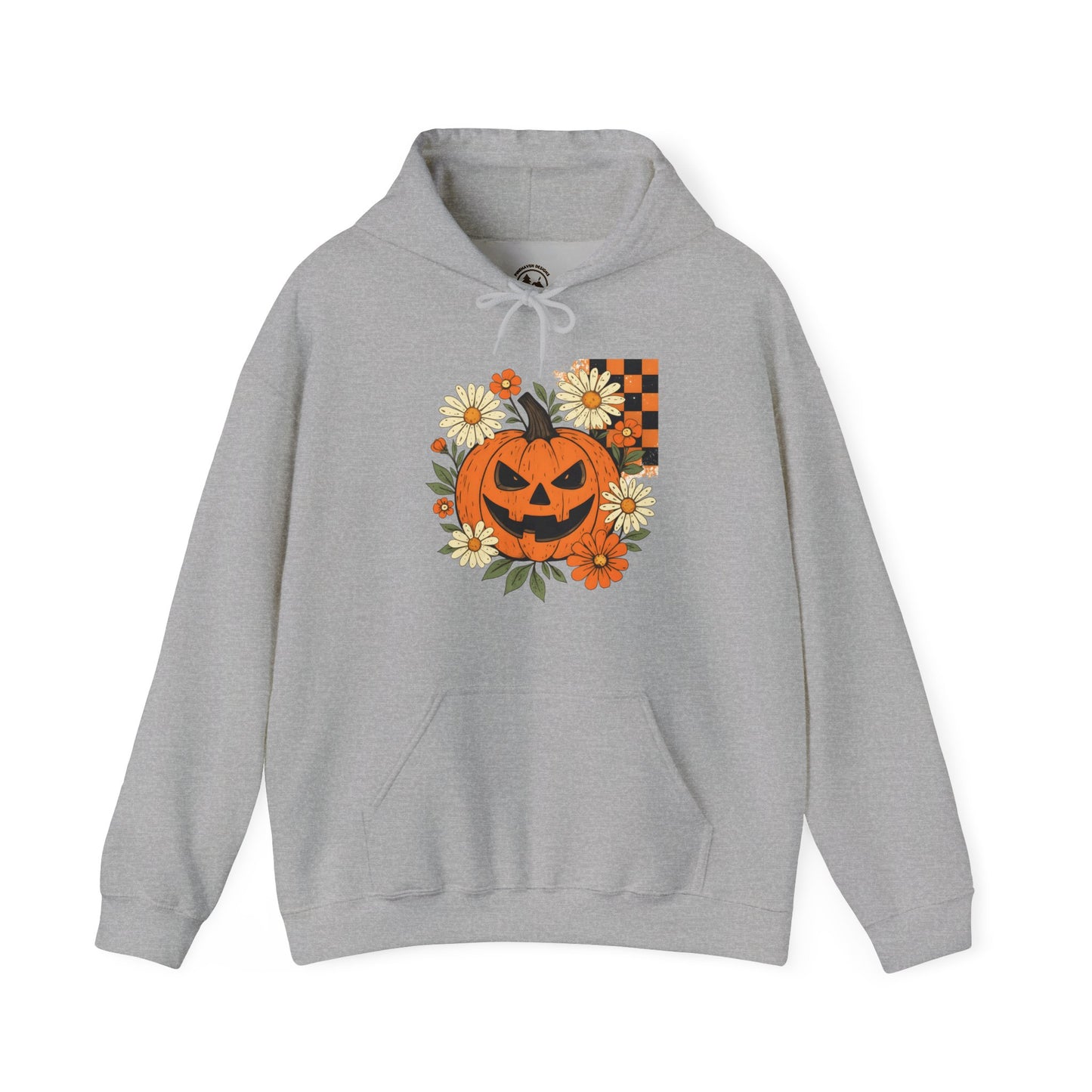 Halloween Pumpkin Hoodie – Jack-O’-Lantern with Flowers & Checkerboard Hooded Sweater