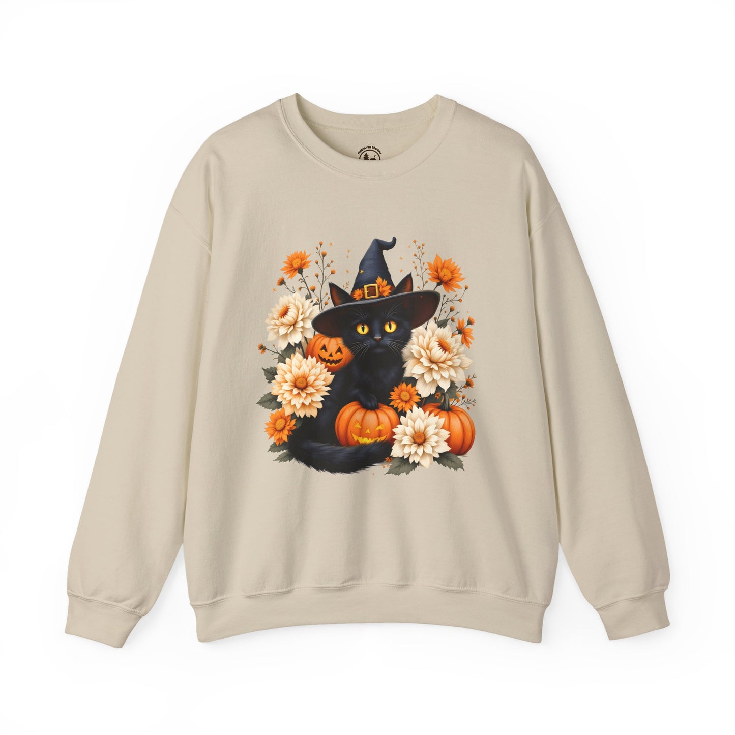 Halloween Black Cat Crewneck – Witch Hat, Pumpkins & Fall Flowers Sweatshirt