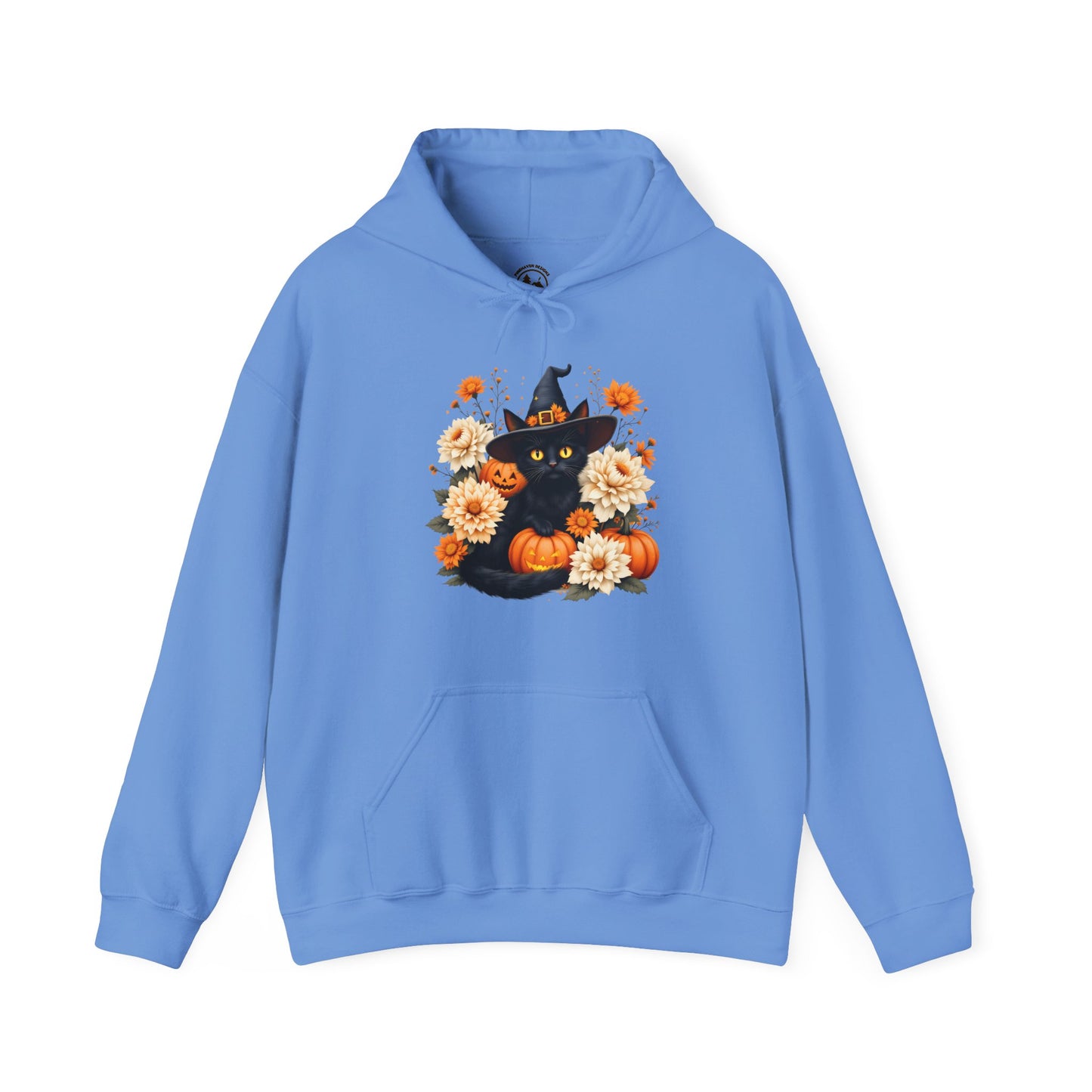 Halloween Black Cat Hoodie – Witch Hat, Pumpkins & Autumn Flowers Hooded Sweatshirt