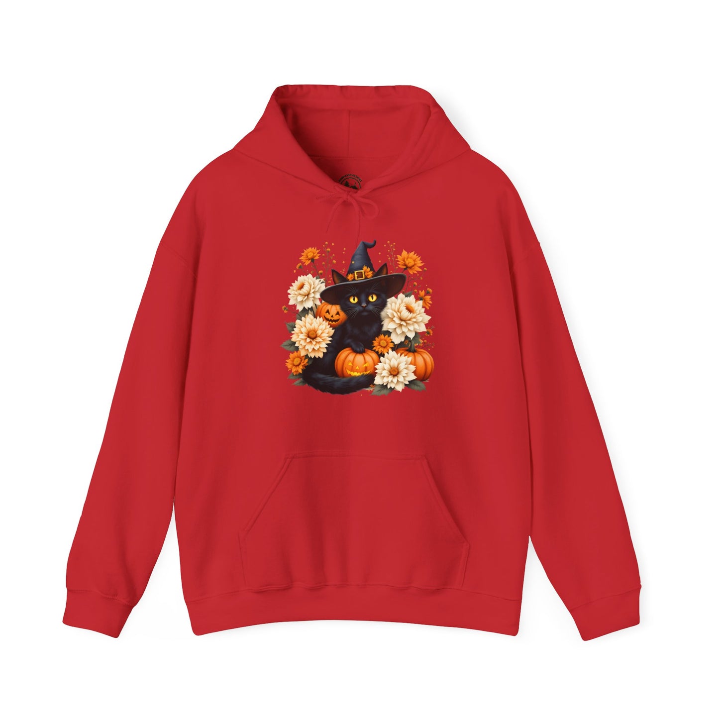 Halloween Black Cat Hoodie – Witch Hat, Pumpkins & Autumn Flowers Hooded Sweatshirt