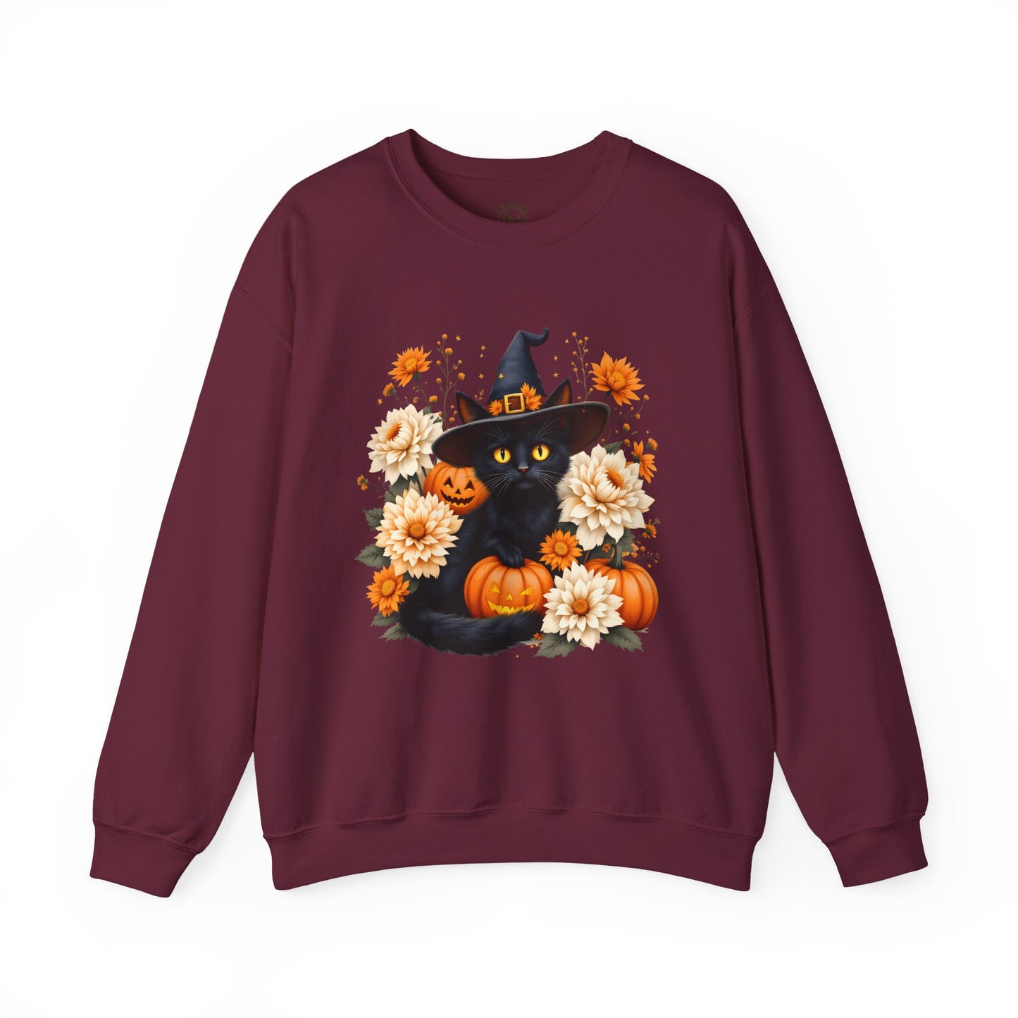 Halloween Black Cat Crewneck – Witch Hat, Pumpkins & Fall Flowers Sweatshirt